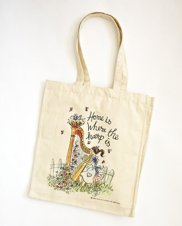 "Home is Where the Harp is" Canvas bag – long handled : white handles &amp; gusset