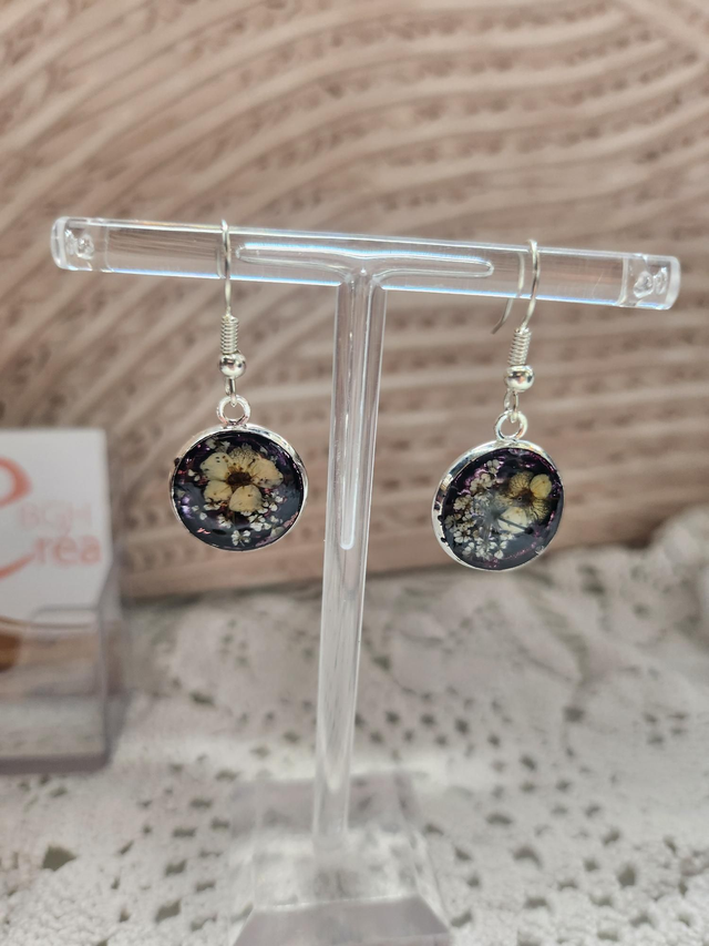 Boucles d'oreilles fleurs fond bleue et argent