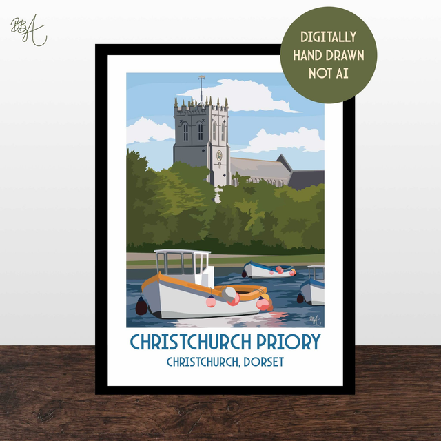 Christchurch Priory, Travel Poster Print - Vintage Style Dorset Wall Art