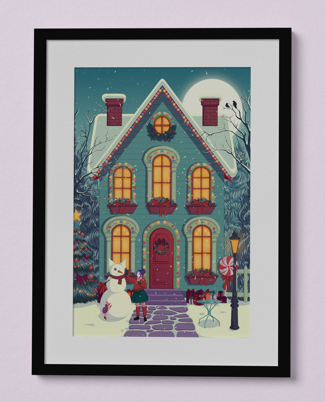 Affiche décorative - Illustration maison enneigée - Décoration murale de Noël - Ambiance hivernale poétique - House 024