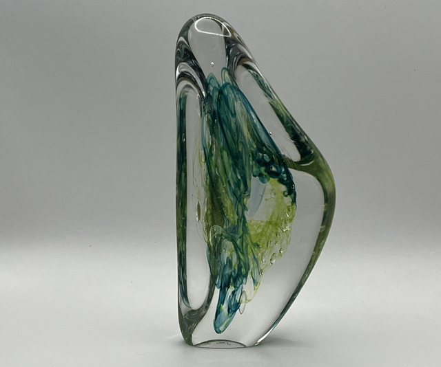 Jane Charles Glass Sculpture – Organic Triangular Form with Mottled Green Centre