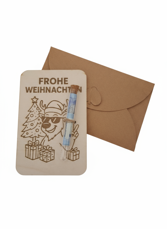 Frohe Weihnachten – Liebevoll handgefertigte Karte aus Sperrholz mit Reagenzglas