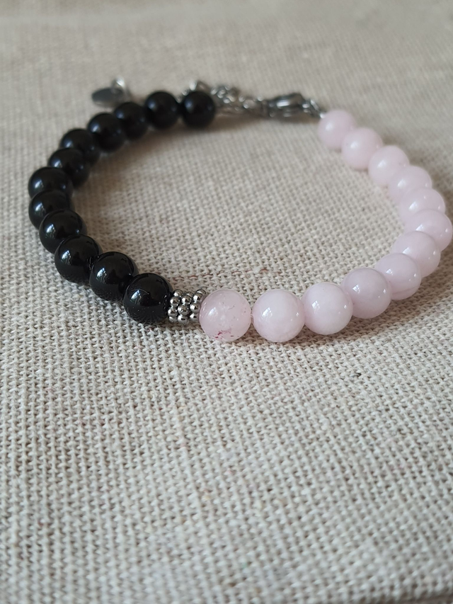 Bracelet Duo argenté - Quartz rose et Obsidienne 