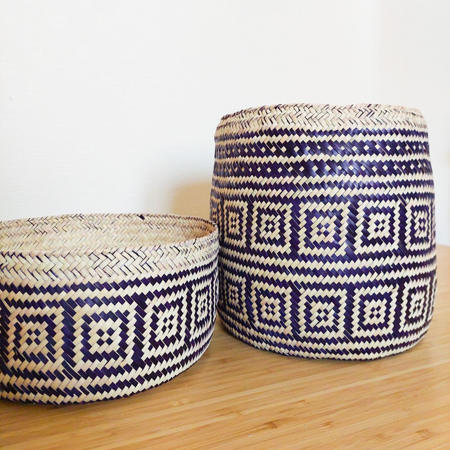 Panier avec couvercle -motifs noirs - fait main