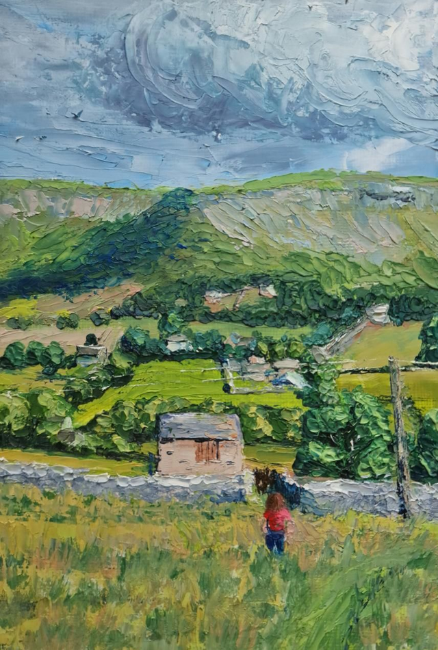 Walking above Grinton, Swaledale. Art card. 