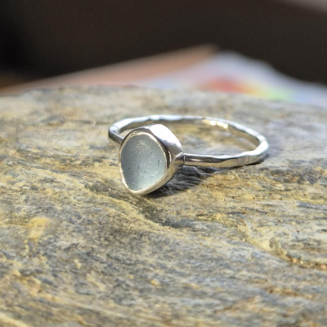 Size P Pale Blue Sea Glass and Sterling Silver Ring 