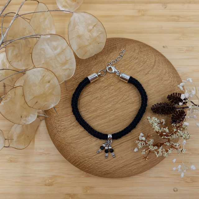 Parure noir et argenté - Bracelet tricoté noir
