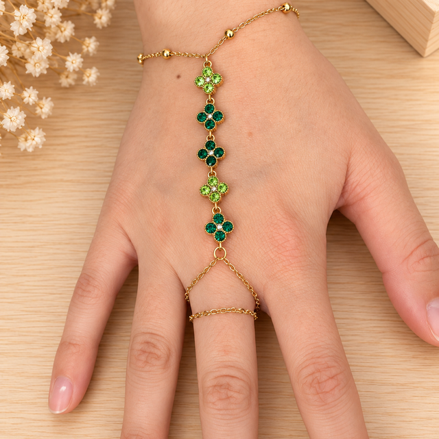 Bracelet bague fleurs vertes