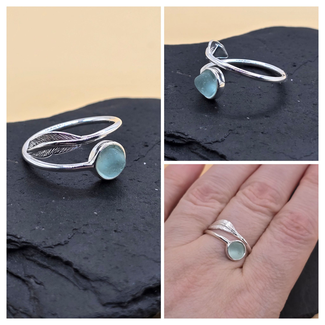 925 Feather or Leaf Open Ring with Scottish Seaglass in Sterling Silver