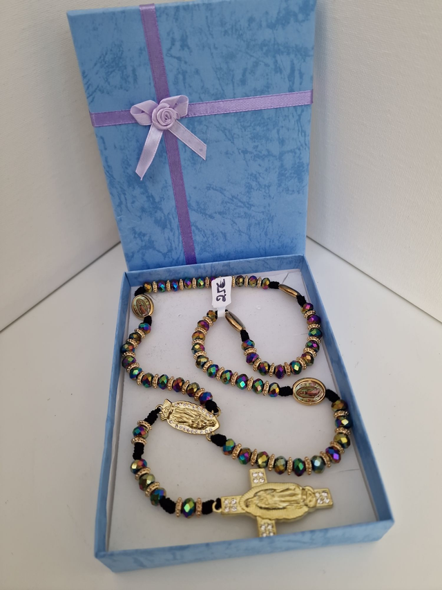 Collier Chapelet Perles Cristal Noires Multicolore Croix Vierge Strass Acier Doré