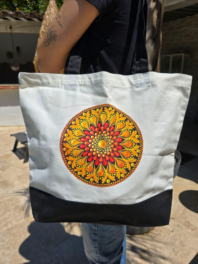 Grand sac fourre-tout en coton impression mandala orange ou bleu, sac de plage
