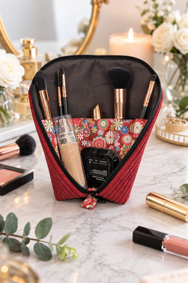 Trousse à maquillage nomade velours côtelé rouge lie de vin 