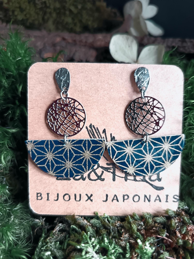 Boucles d'oreilles - puces - papier washi - rond argenté - La&Titia