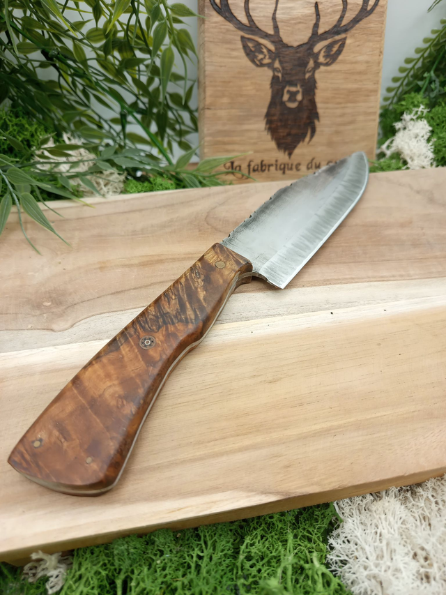 Couteau fixe artisanal – Acier Nicrocut, loupe d’amboine stabilisée & rivet mosaïque | La Fabrique du Cerf