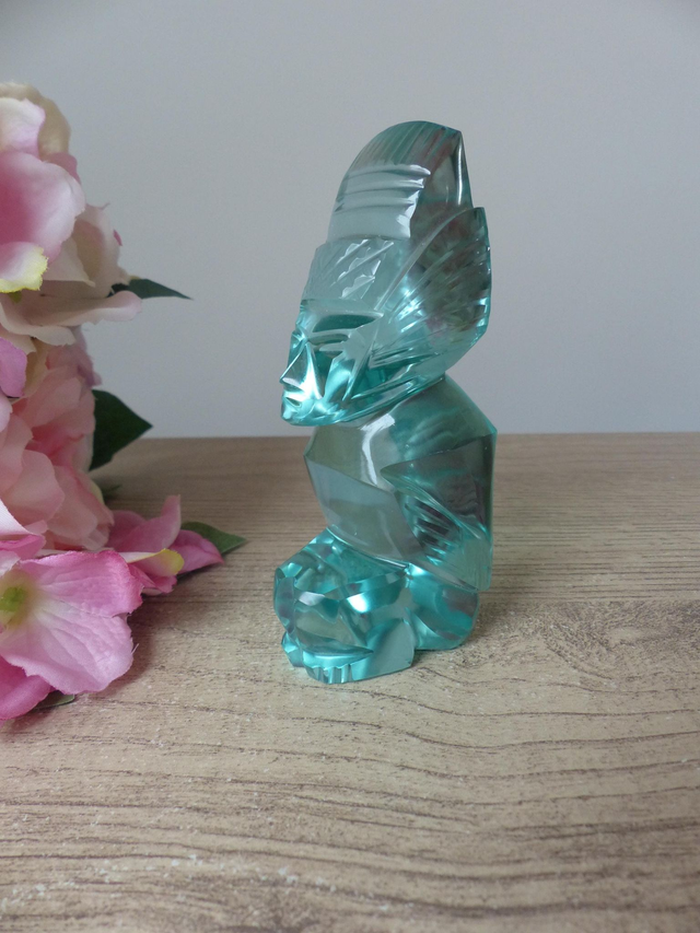 Sculpture Vintage en Verre Poli – Art Inca Maya Aztèque – Figurine de Guerrier ou Dieu – Fabriquée au Mexique – Objet de Collection Rare