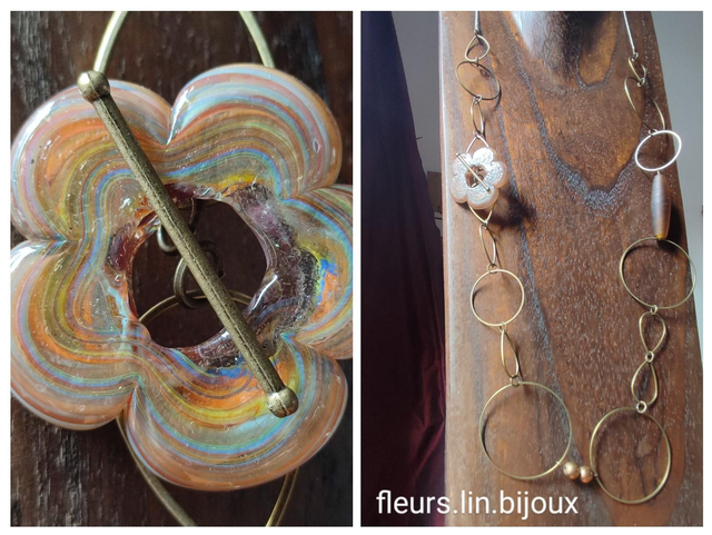 Z- Sautoir fleur en verre de Murano et verre mat anneaux laiton bronze monté sur fil de lin réglable 