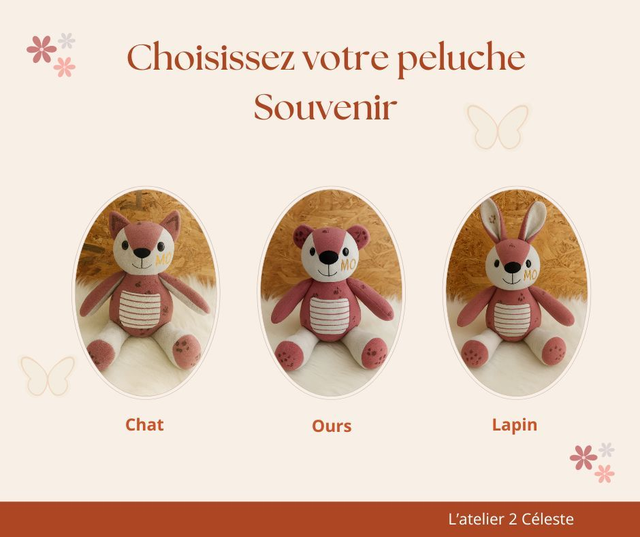 Peluche souvenir Ours, Lapin, Chat