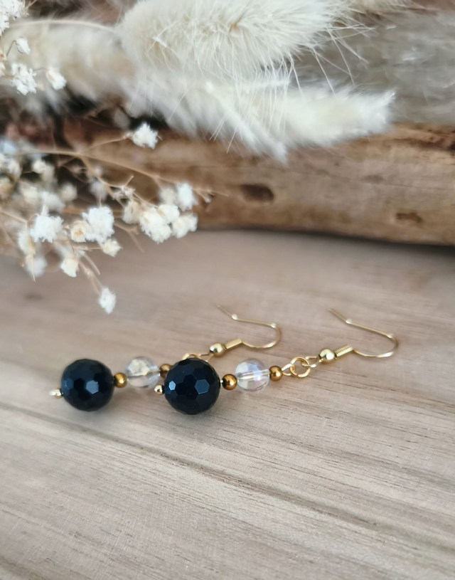 A Boucles d'oreilles "Boules" Obsidienne facettée