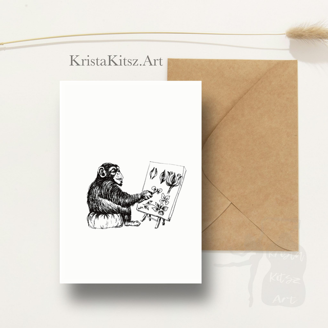 Ansichtkaart Aapje schildert tekenkunst, inclusief envelop of postkaart, originele tekening 