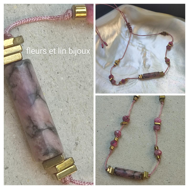Bracelet en rhodonite et agate rose (pierres naturelles)& nacre réglable sur fil de jade 