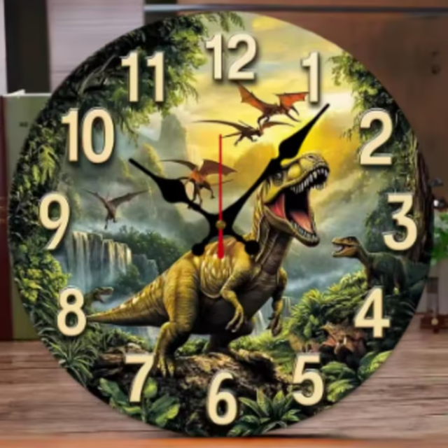 Ronde wandklok van hout Dinosaurussen (25cm)