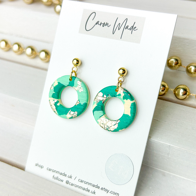 Green and gold open circle earrings