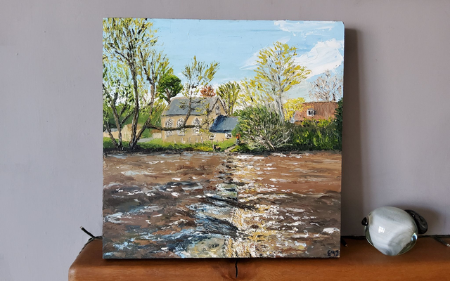 Lealholm stepping stones, original oil painting on 30.5x30.5 cm wooden canvas.