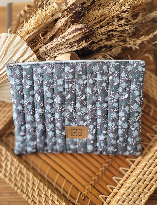 Pochette fleurie gris turquoise