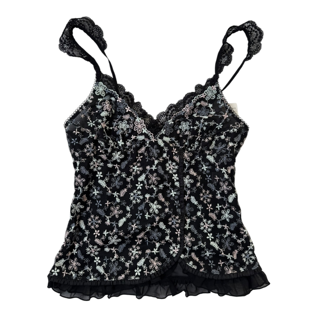  BNWT Japanese brand coquette black embroidered bow cami top 