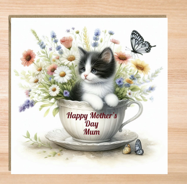 Personalised Black &amp; White Cat Mother’s Day Card