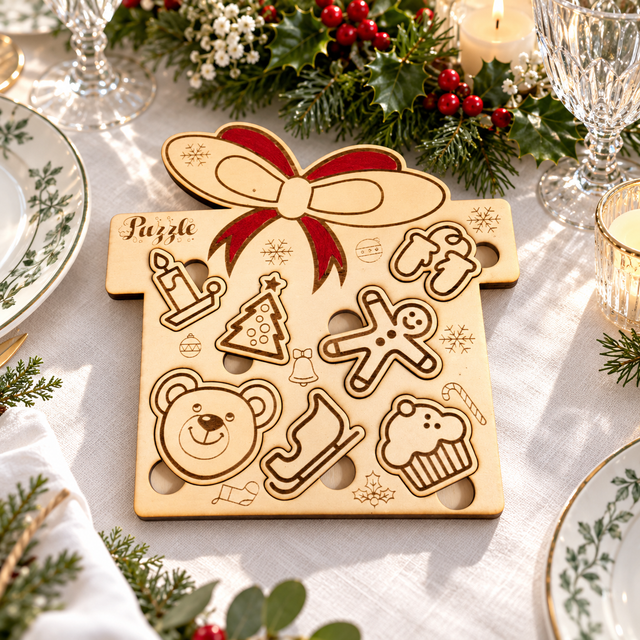 Puzzle natalizio a pacco regalo in legno – gioco per le feste
