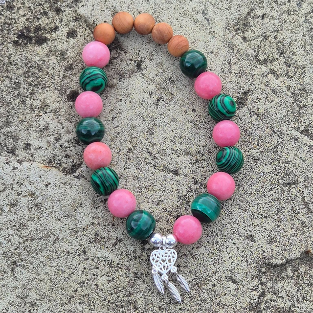 Malachite &amp; Rhodonite Crystal Bracelet – Handmade Spiritual Jewellery with Wooden Beads &amp; Sterling Silver Dream Catcher Charm