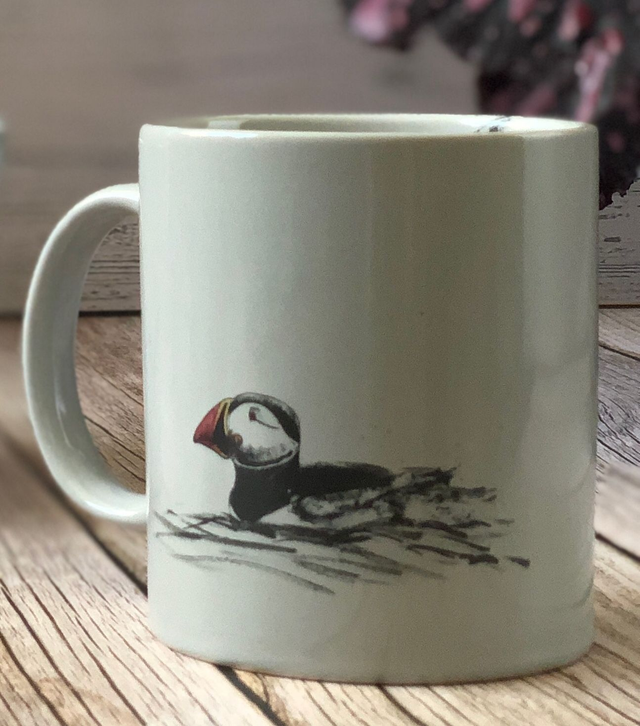 Puffins upcycled mugs