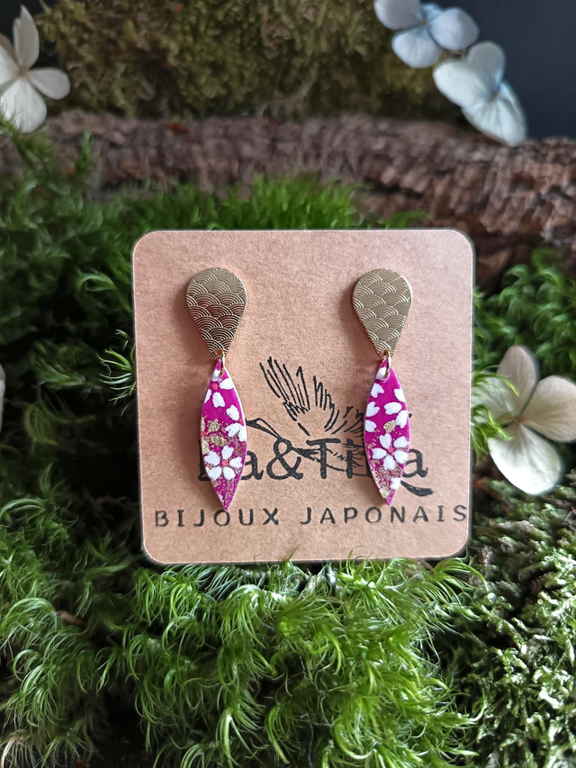 Boucles d'oreilles - puces - papier washi - Sakura - fleurs de cerisier - La&amp;Titia 