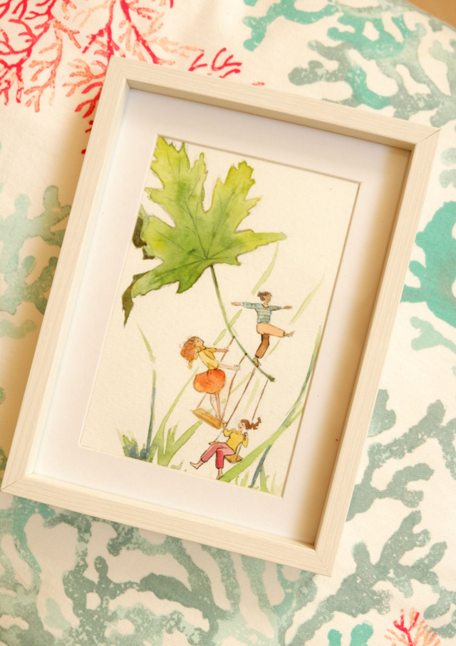 Illustration originale A6 encadrée "Le jeu de la feuille"