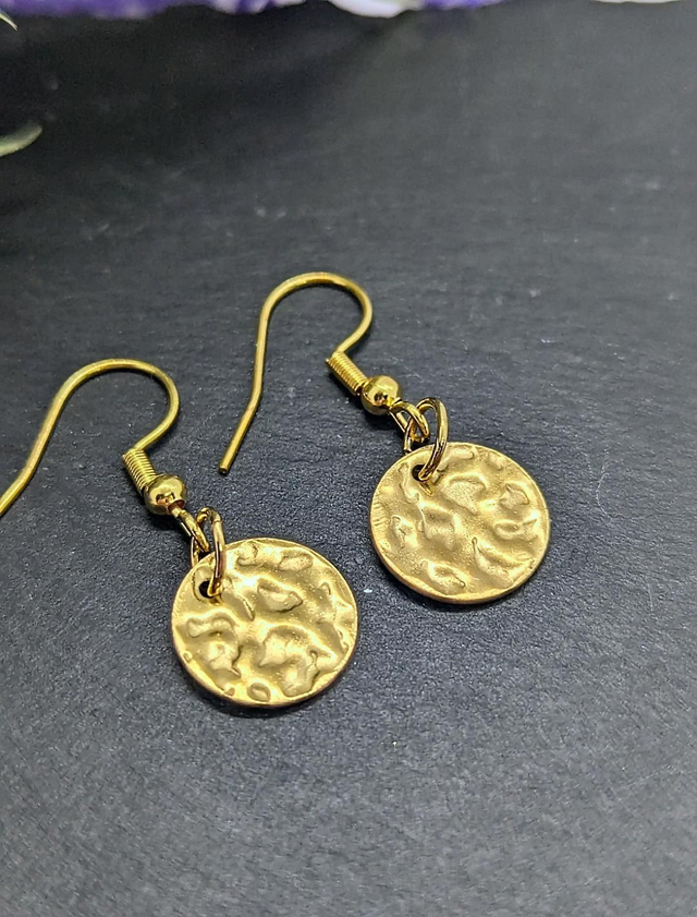 Gold Tone Plated Stainless Steel Hammered Disc Drop Earrings 