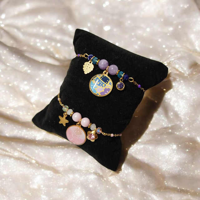 bracelet acier inoxydable motifs japonais bleu et violet doré