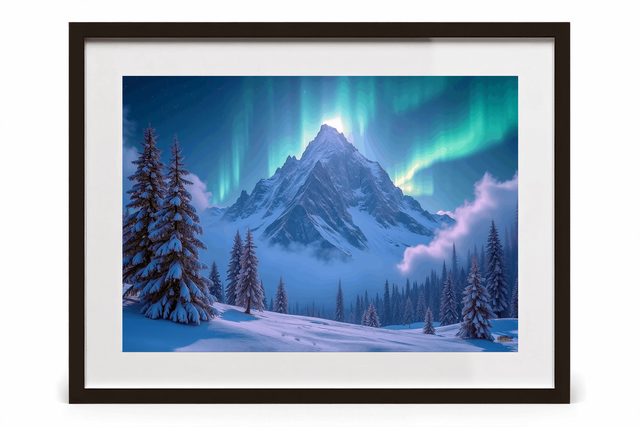 Photo encadrée Aurores Boréales – Tirage d’art qualité musée & décoration murale magique - Pic enneigé