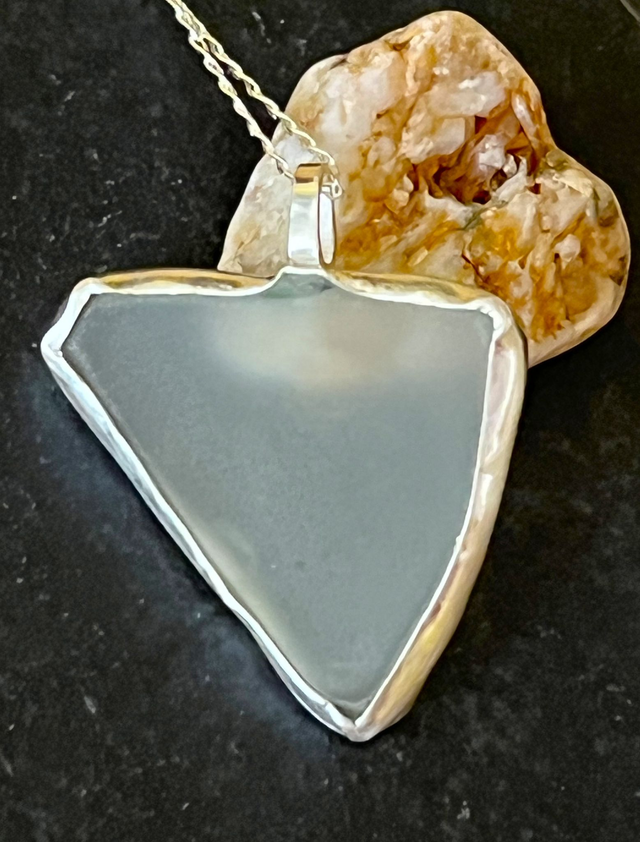 Pale Grey-Blue Frosted Glass Pendant in Recycled Fine Silver Surround
