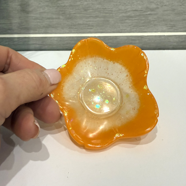 Coupelle fleur ou bougeoir orange, translucide et paillettes 