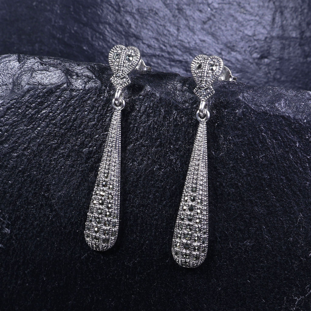 Elegant Pair of Sterling Silver 925 Art Deco Style Marcasite Gemstone Long Heart Teardrop Design Drop Dangle Earrings.