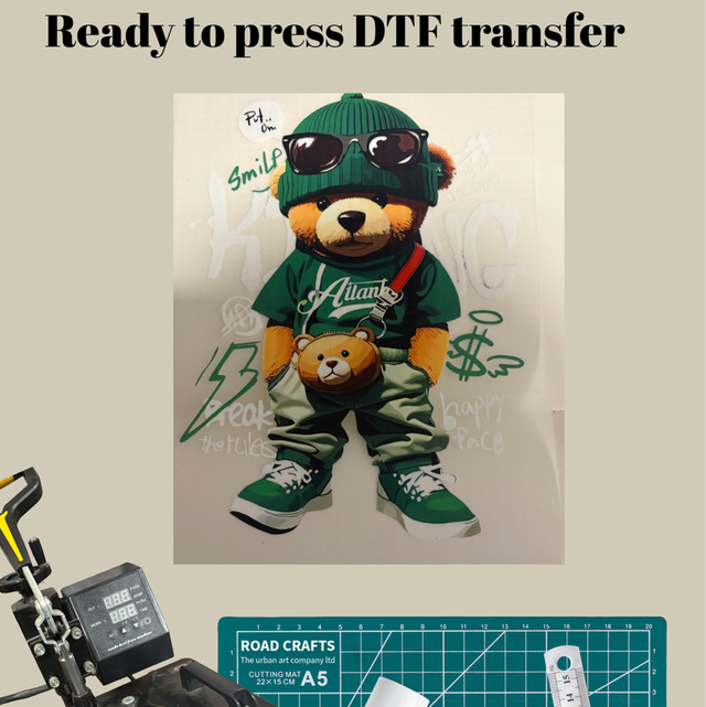 Green outfit, teddy bear DTF print