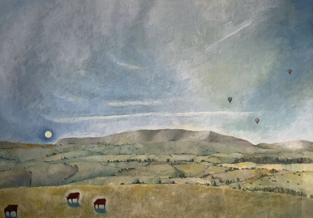 SP75  Balloons Over Hay Bluff by Shelagh Popham,  28x19.5cm  Oil