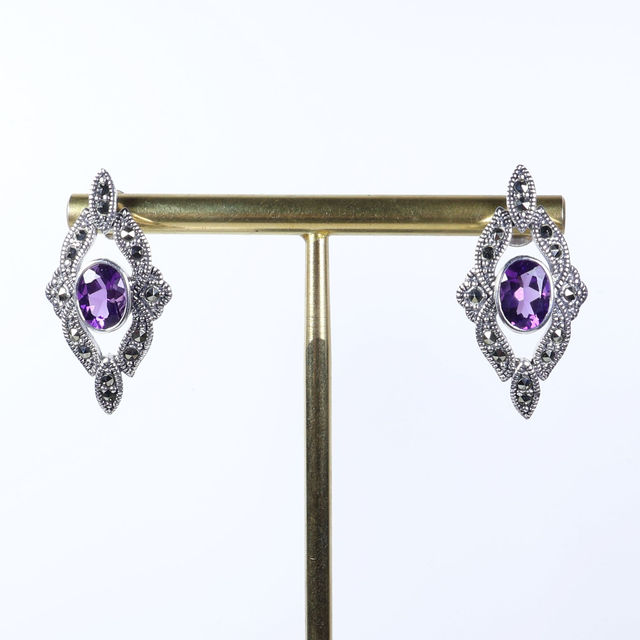 Art Deco Style Sterling Silver 925 Oval Cut 1ct Rich Deep Purple Amethyst Marcasite Gemstone February Birthstone Diamond Shape Design Stud Earrings