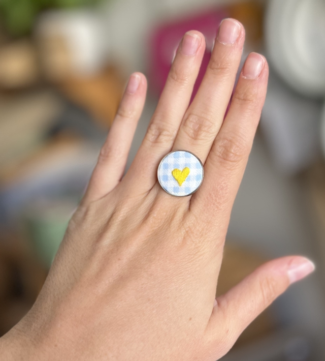 Bague cœur jaune *vichy bleu