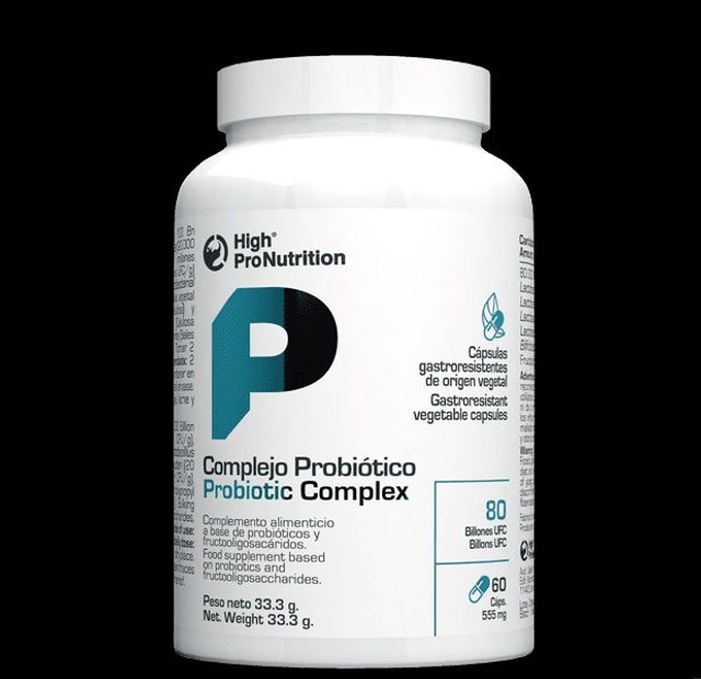 Complejo Probiótico ofrece bacterias probióticas y fructooligosacáridos prebióticos en cápsulas gastrorresistentes. 