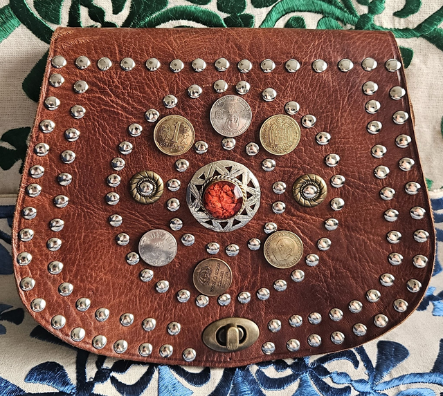 Sac Vintage marocain en cuir véritable artisanal fait main, Pieces de monnaies 