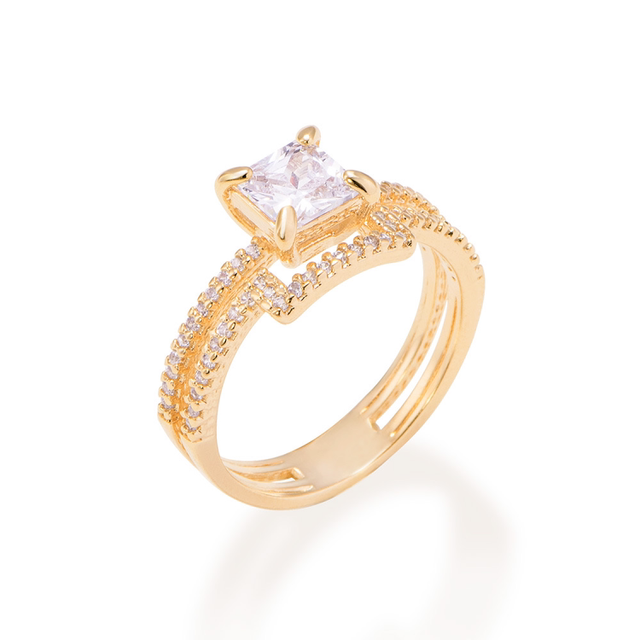 Anel solitário duplo folheado a ouro com zircônias Branco