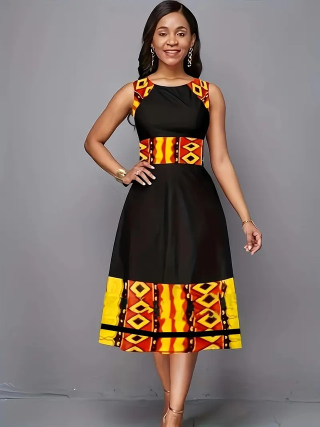 Women's Elegant Geometric Print Color-Block Dress