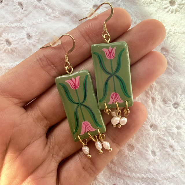 Pink Tulip Olive Green Rice Pearl Drop Earrings